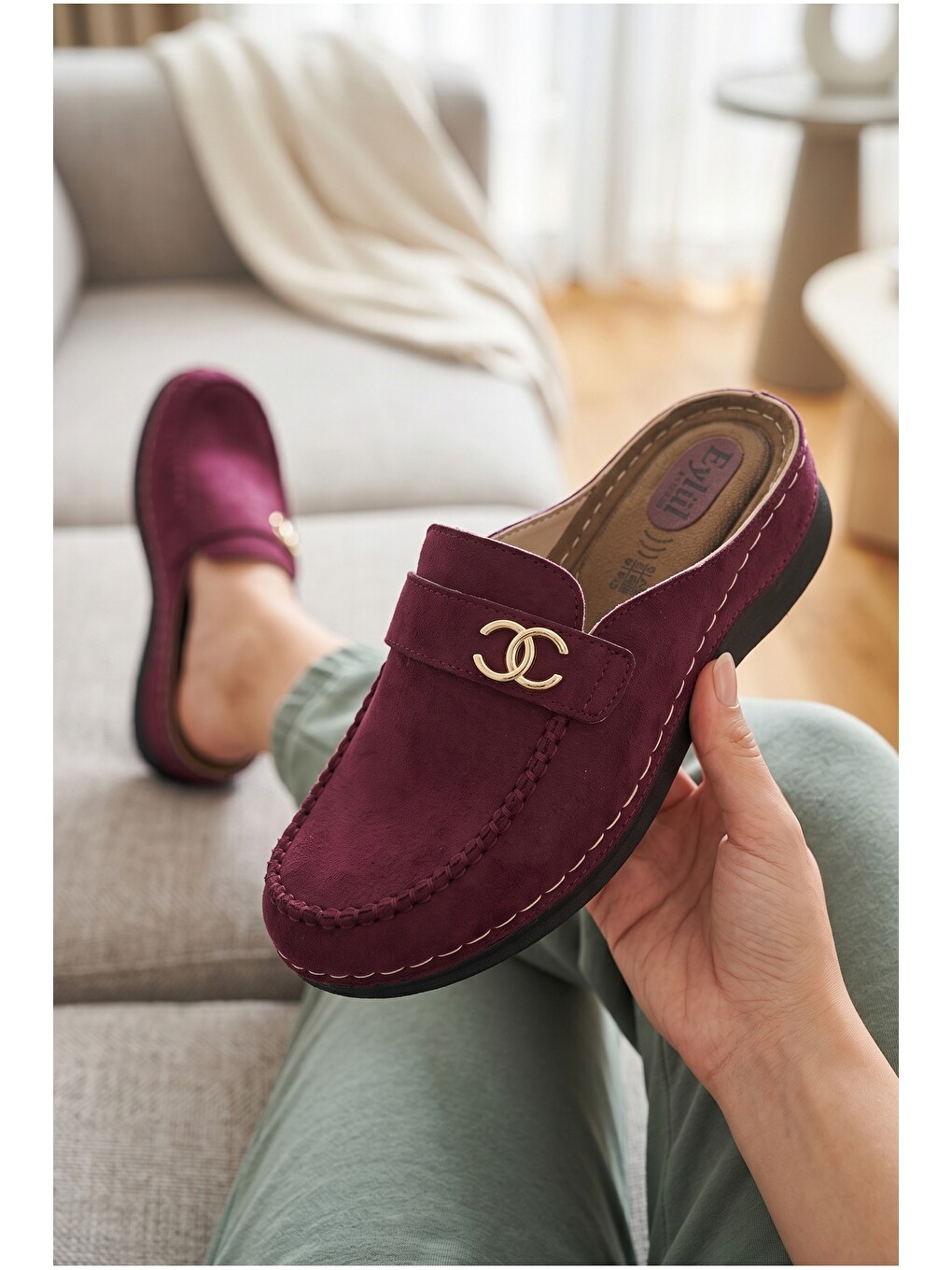 Bordo Kadın, Süet Görünümlü, Metal Tokalı, Günlük, Casual, Konfor Terlik-5