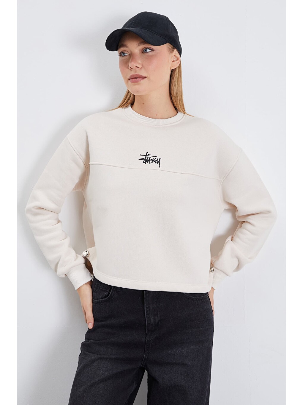 Bej 3 İplik İmza Nakışlı Stoperli Oversize Sweatshirt