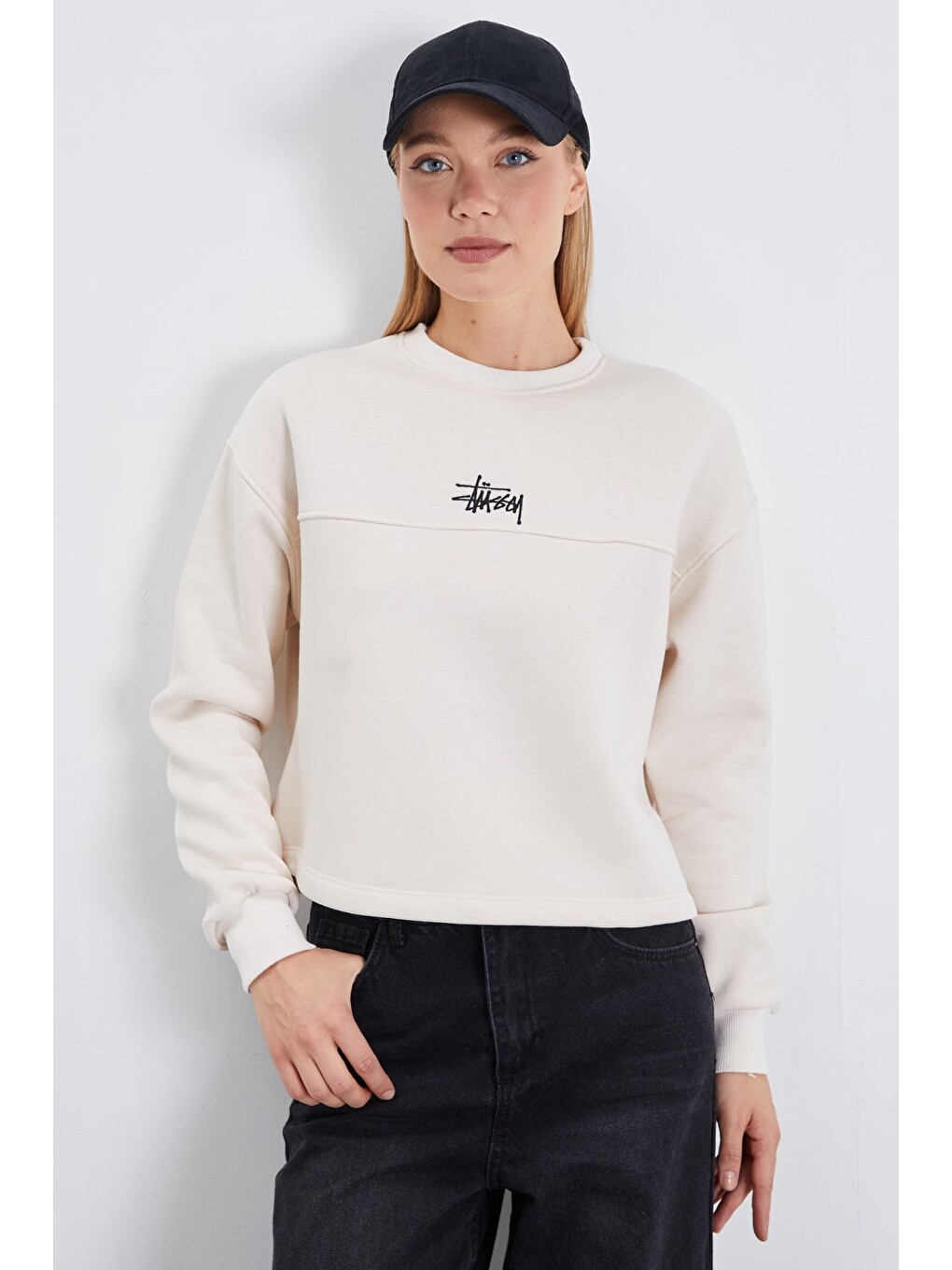 Bej 3 İplik İmza Nakışlı Stoperli Oversize Sweatshirt-1