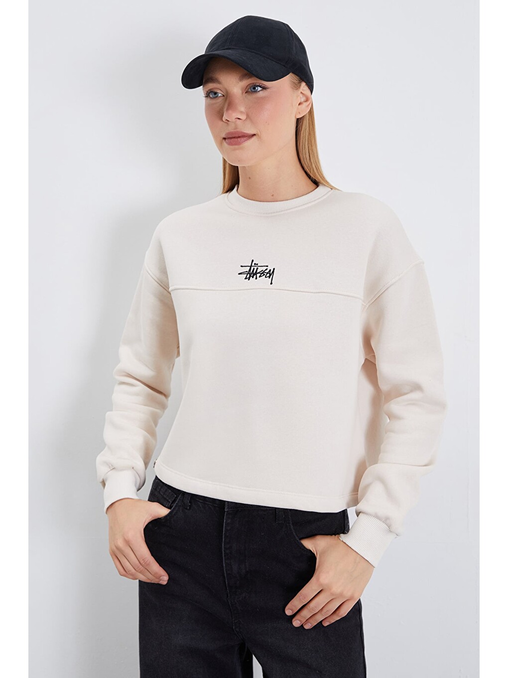 Bej 3 İplik İmza Nakışlı Stoperli Oversize Sweatshirt-2