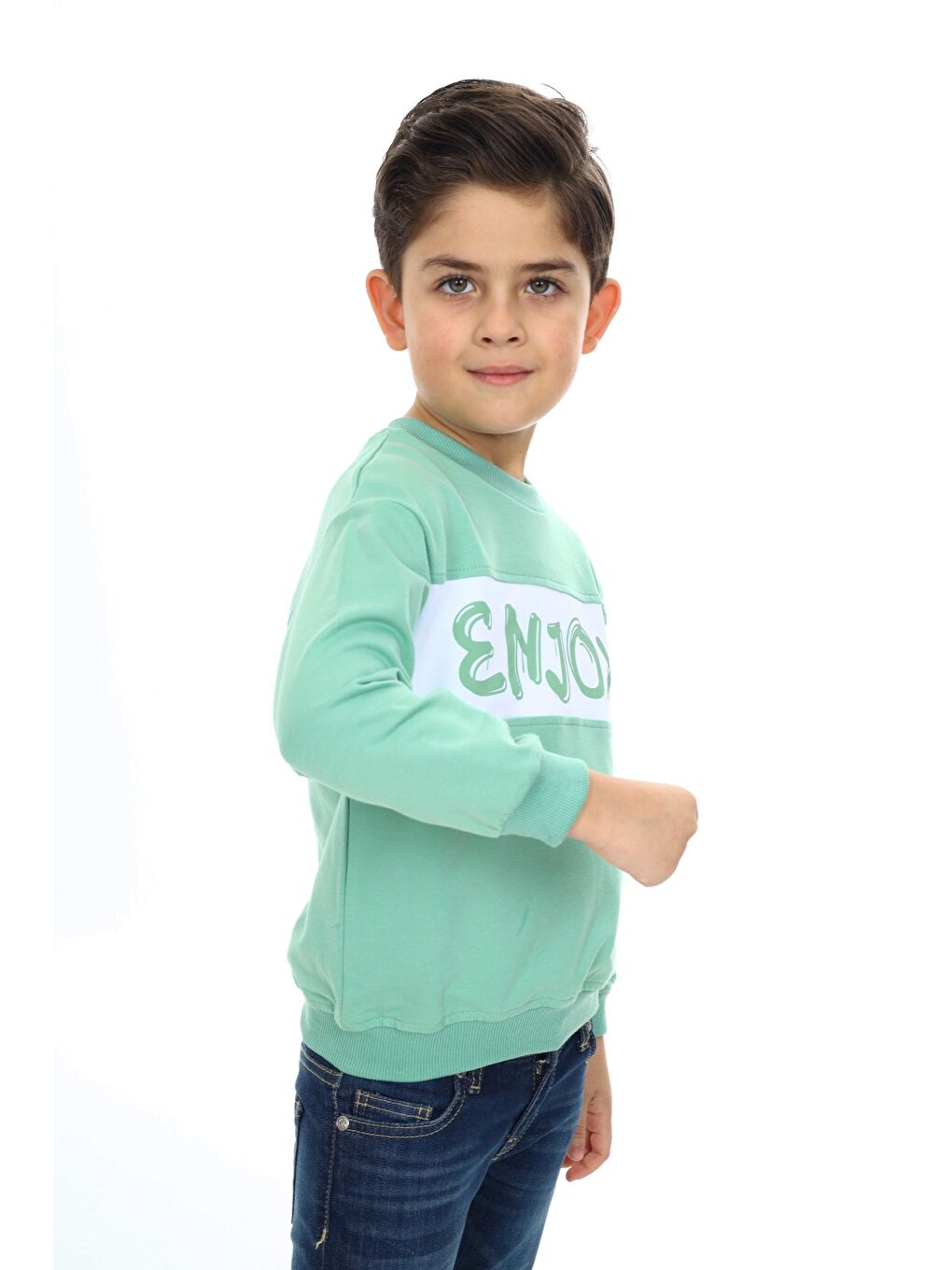 Yeşil Erkek Çocuk Relax Fit Bisiklet Yaka Düşük Omuz Baskılı Sweatshirt-2