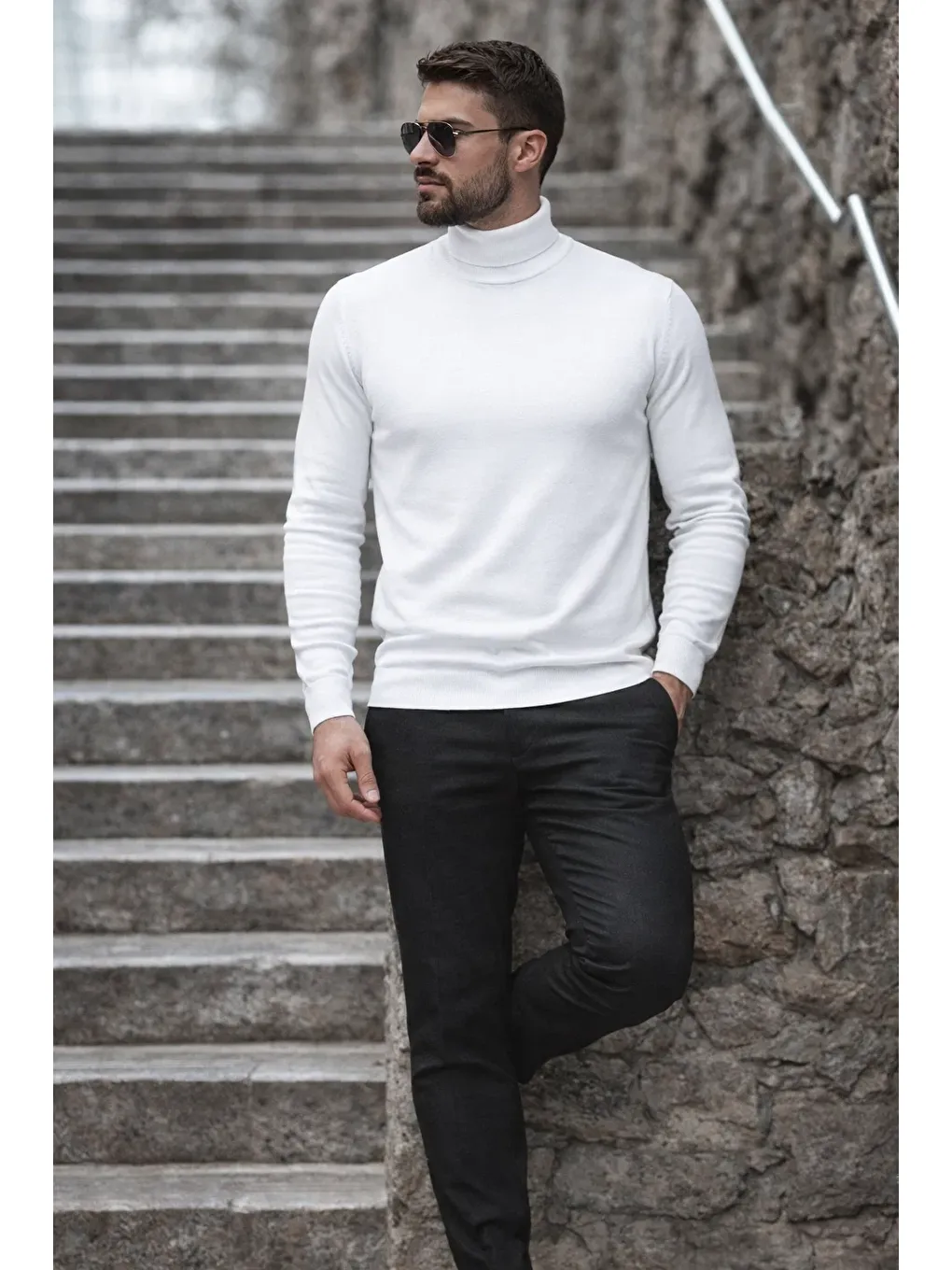 Erkek Kışlık Basic Uzun Boğazlı Beyaz Kazak-3