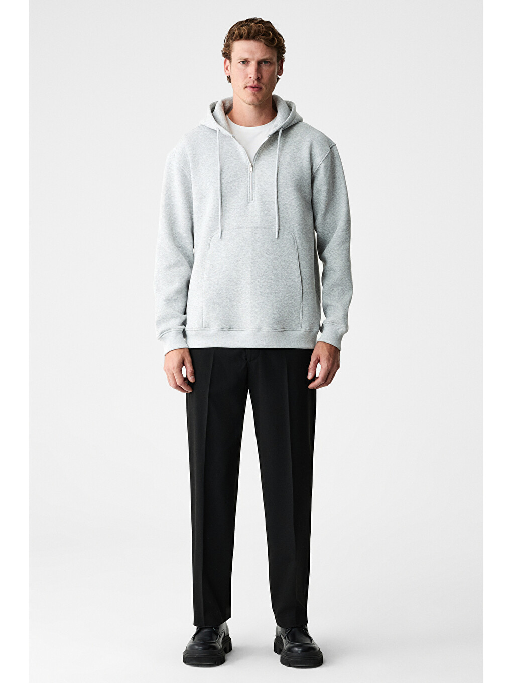 Justus Erkek Kapüşonlu Kanguru Cepli Fermuar Yakalı Gri Melanj Sweatshirt-1