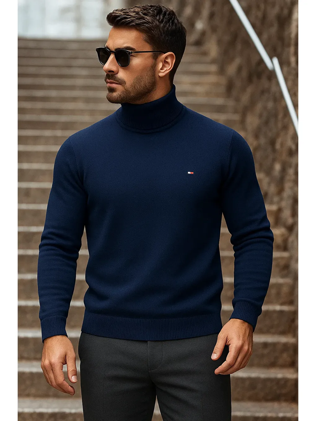 Erkek Kışlık Basic Uzun Boğazlı Lacivert Kazak