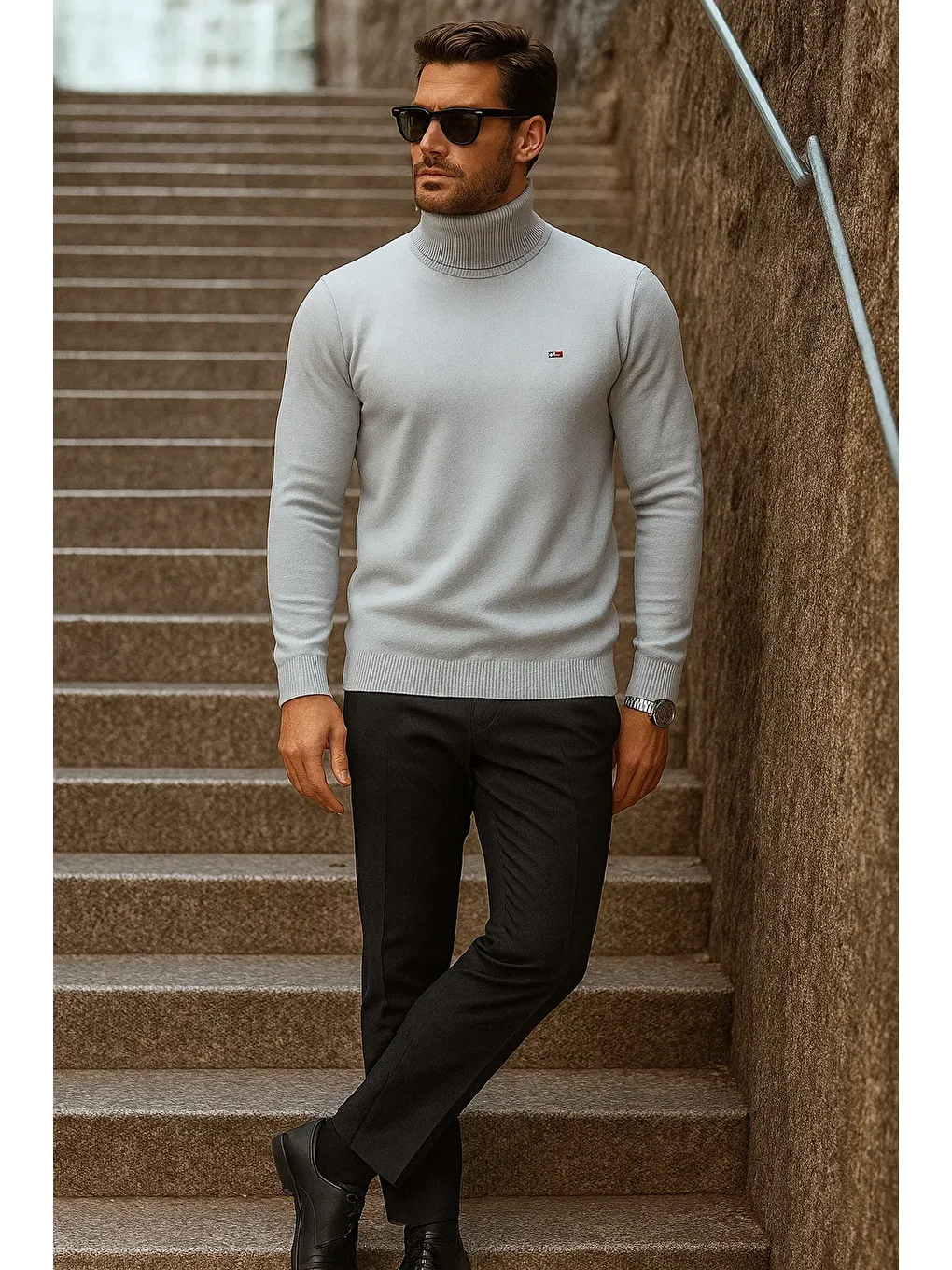 Erkek Kışlık Basic Uzun Boğazlı Gri Kazak-2