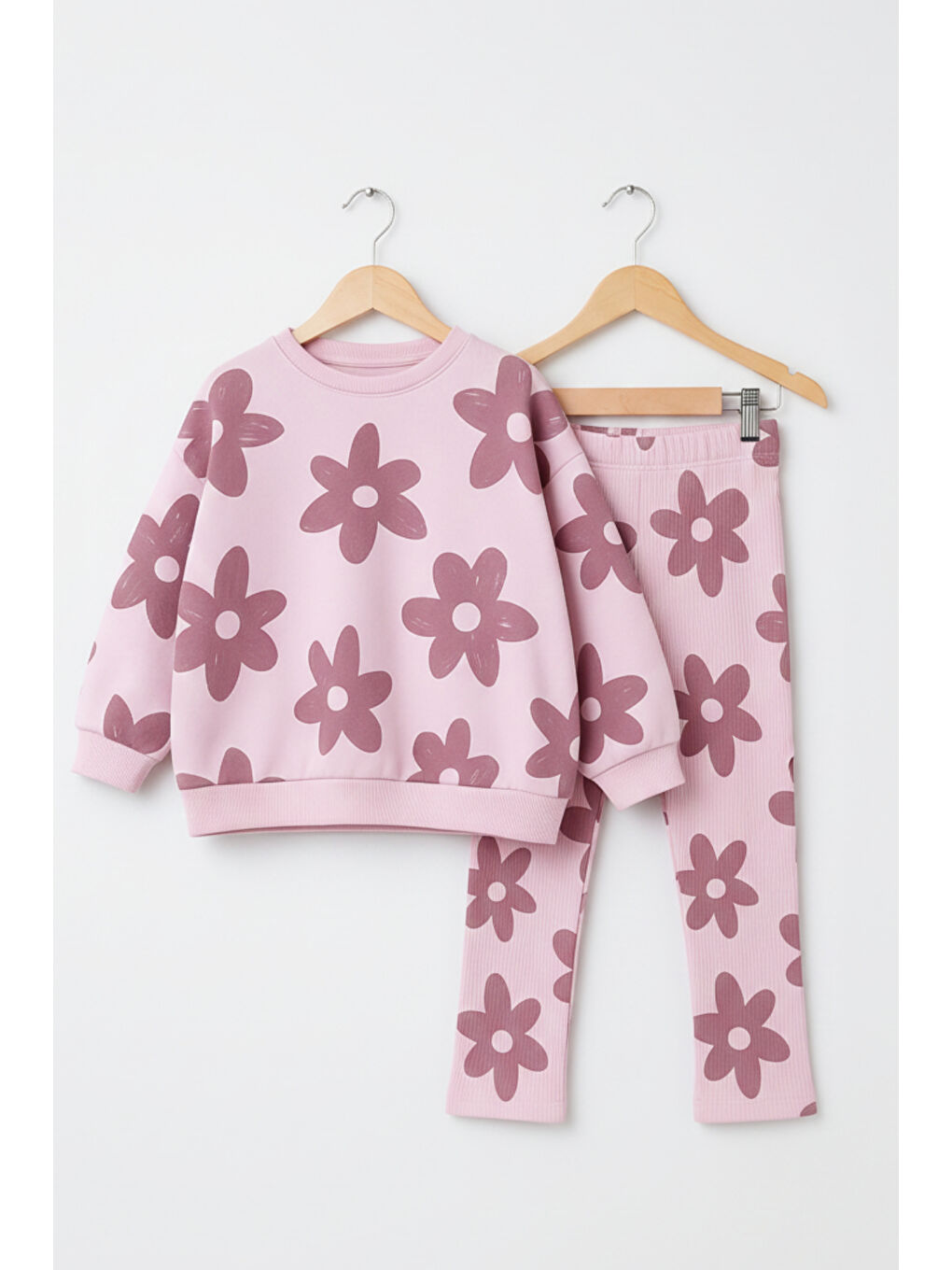 Pembe Kız Çocuk Çiçek Desenli 2’li Sweat & Fitilli Tayt Takım 2-10 Yaş 12361