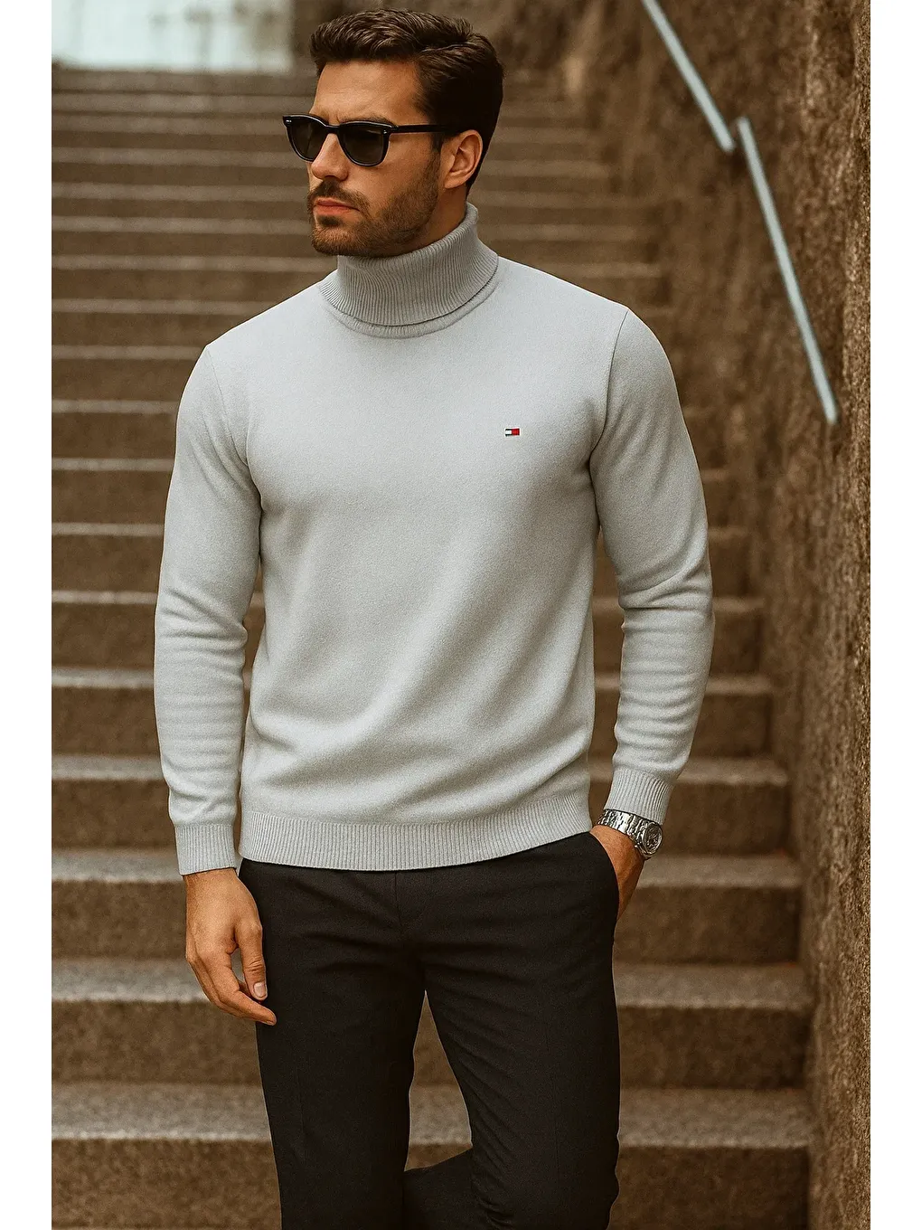 Erkek Kışlık Basic Uzun Boğazlı Gri Kazak-3