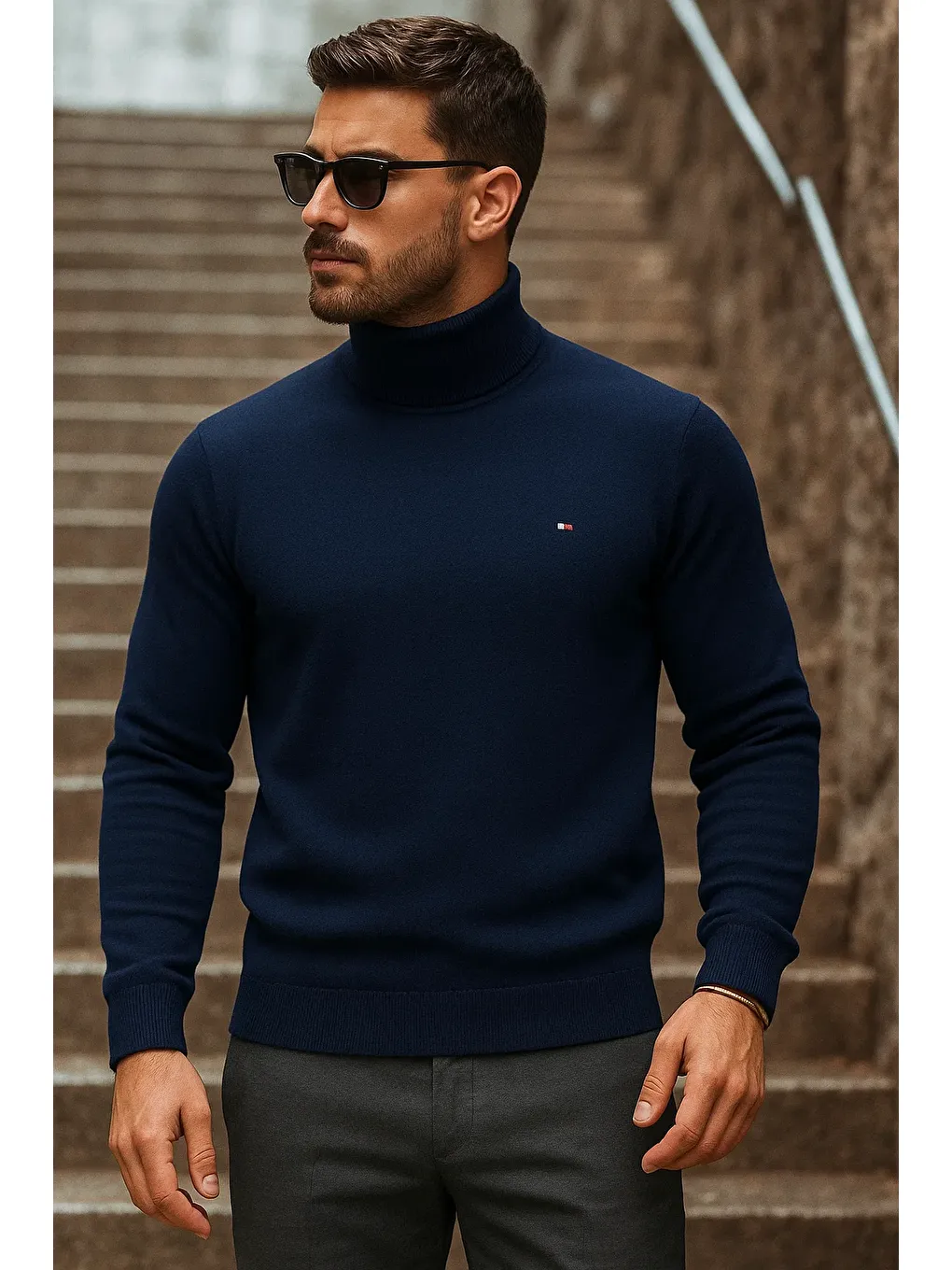 Erkek Kışlık Basic Uzun Boğazlı Lacivert Kazak-1