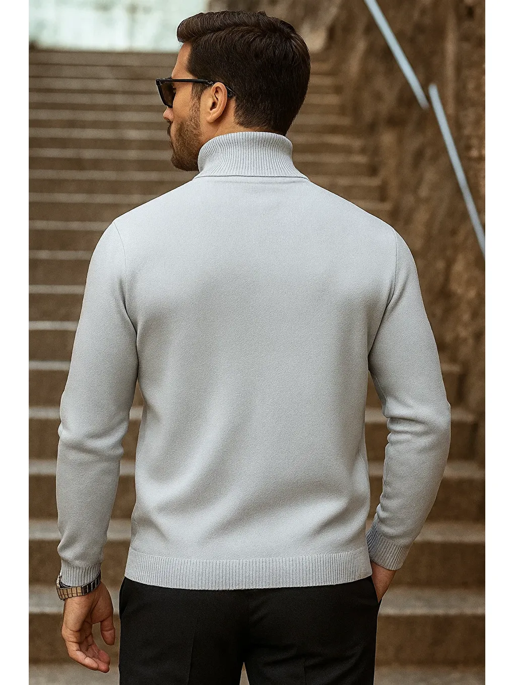 Erkek Kışlık Basic Uzun Boğazlı Gri Kazak-4