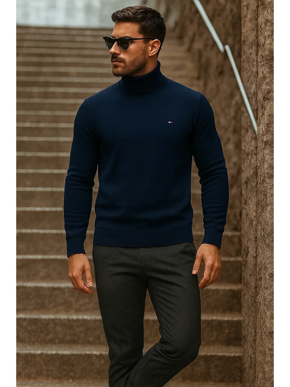 Erkek Kışlık Basic Uzun Boğazlı Lacivert Kazak-2