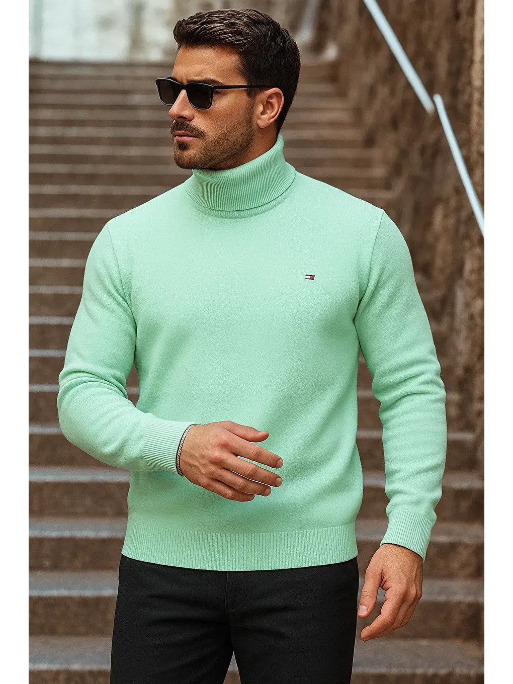 Yeşil Erkek Kışlık Basic Uzun Boğazlı Mint Kazak