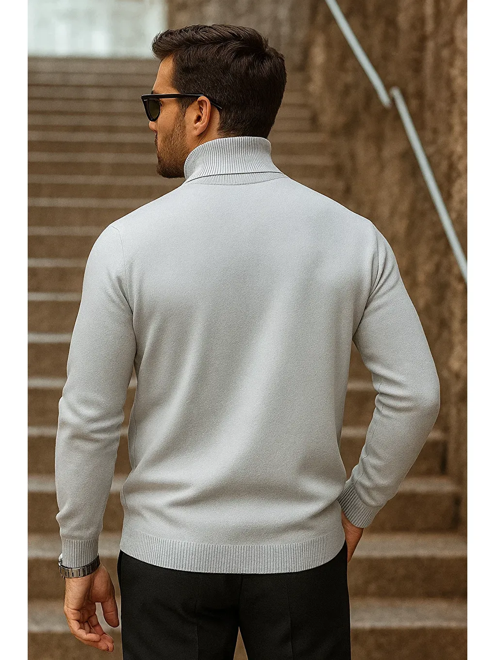 Erkek Kışlık Basic Uzun Boğazlı Gri Kazak-5