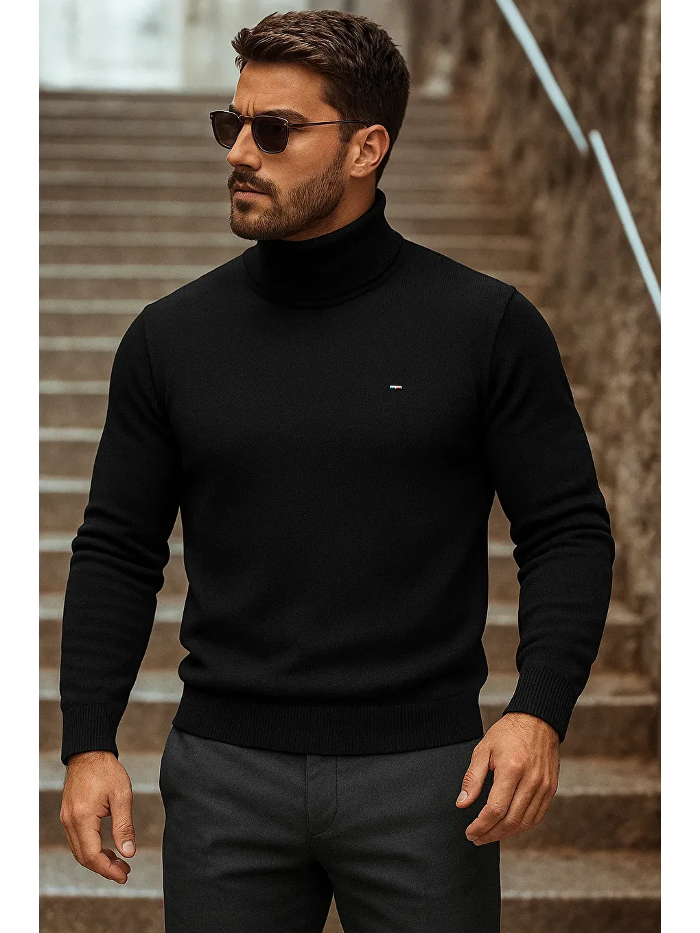 Erkek Kışlık Basic Uzun Boğazlı Siyah Kazak-1