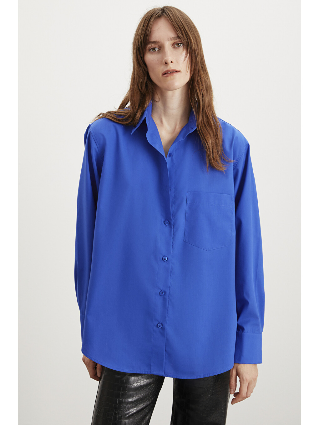 Celıa Kadın %100 Organik Pamuklu Oversize Fit Bol Kesim Tek Cepli Dokuma Lacivert Gömlek-2