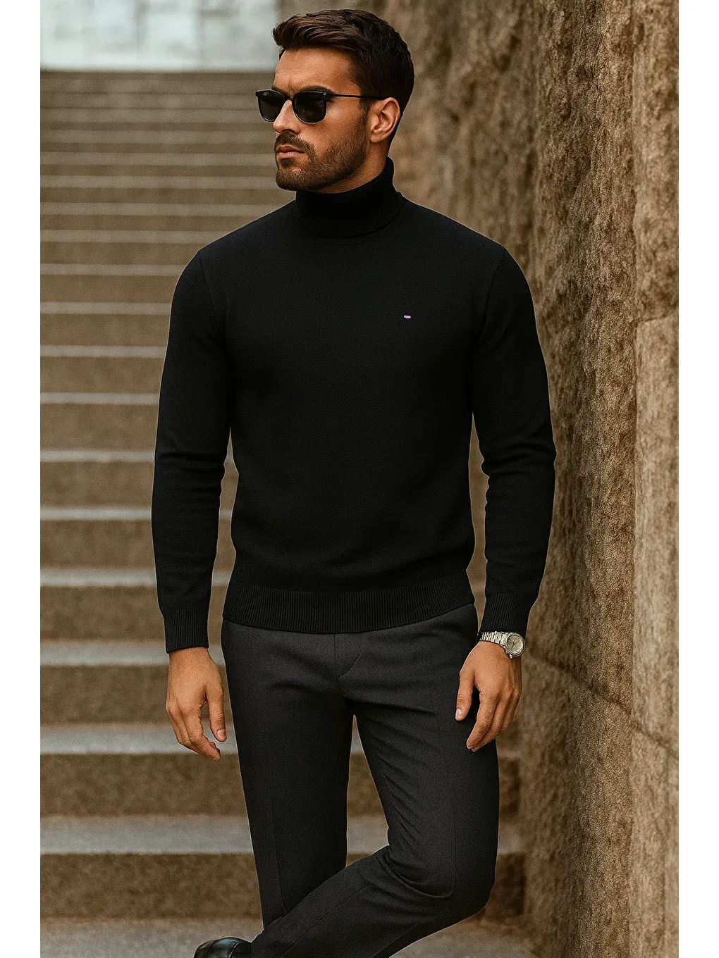 Erkek Kışlık Basic Uzun Boğazlı Siyah Kazak-2