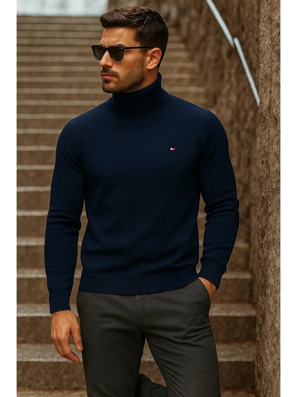 Erkek Kışlık Basic Uzun Boğazlı Lacivert Kazak-3