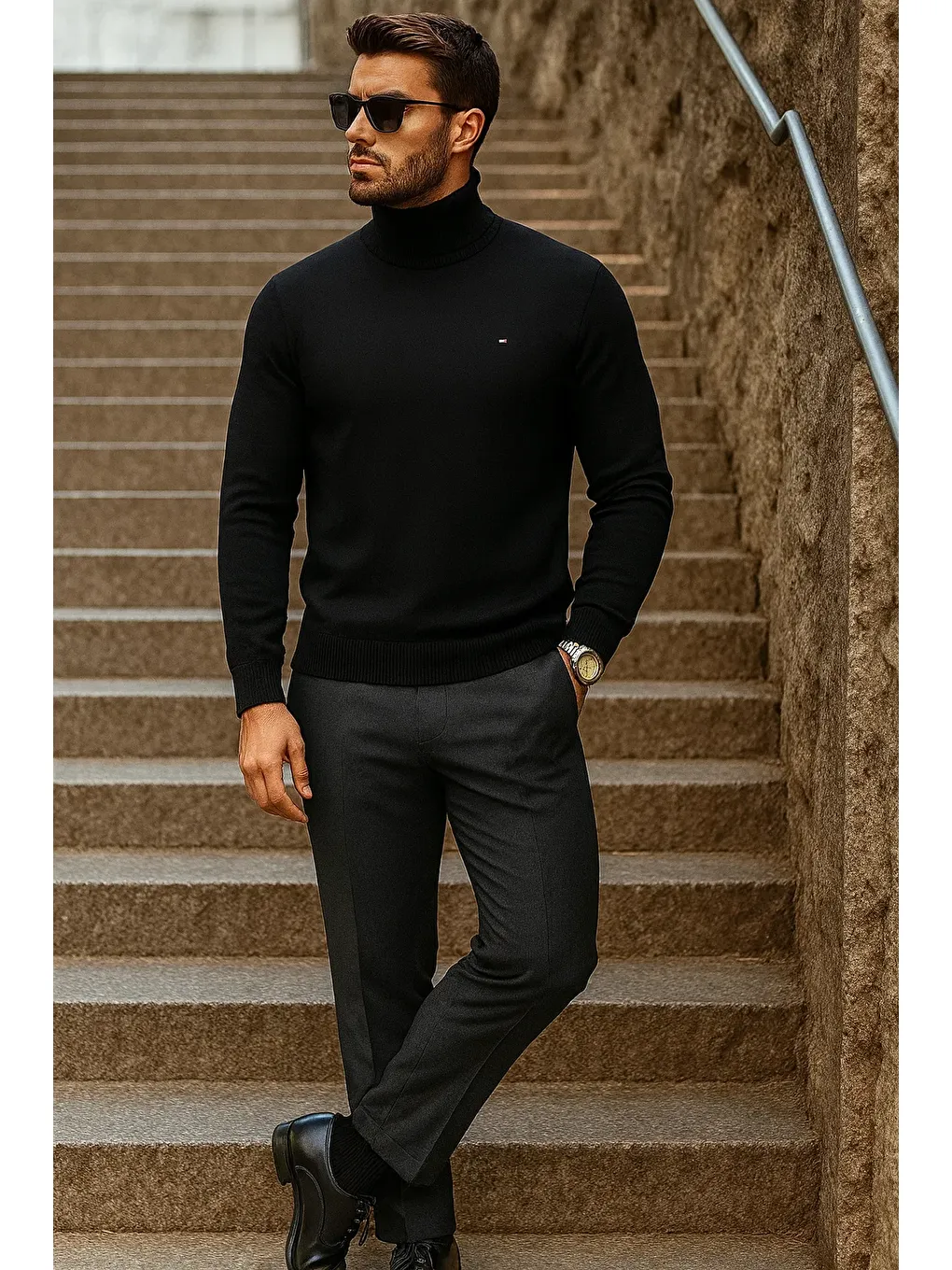 Erkek Kışlık Basic Uzun Boğazlı Siyah Kazak-3