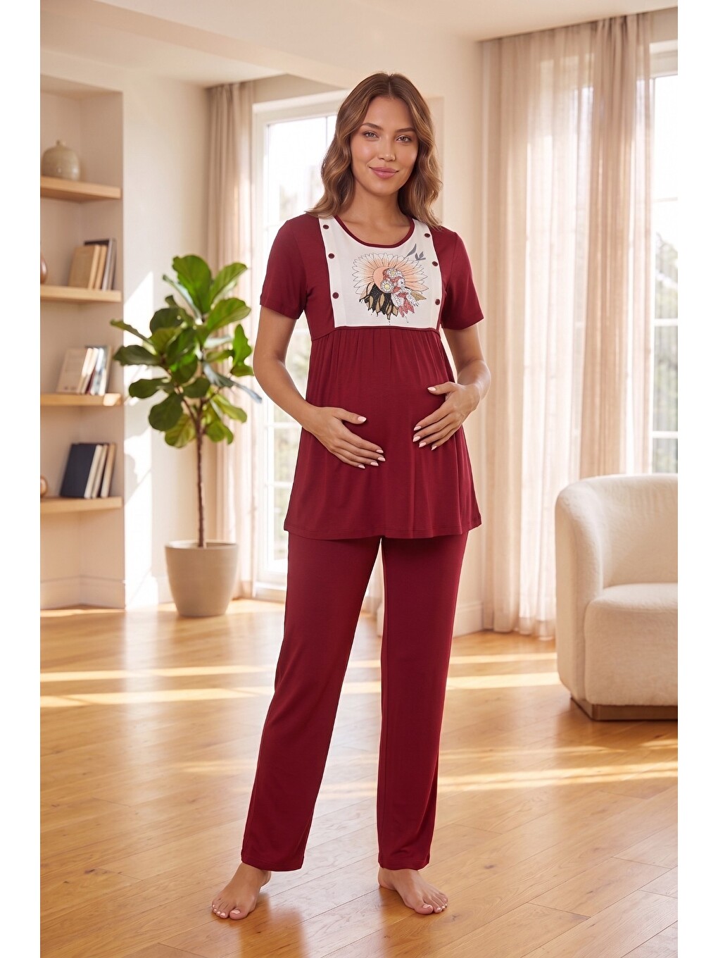 Bordo Daisy Çiçek Baskılı Düğme Detaylı Dantelli Sabahlıklı 3'lü Hamile Ve Lohusa Pijama Takımı-3