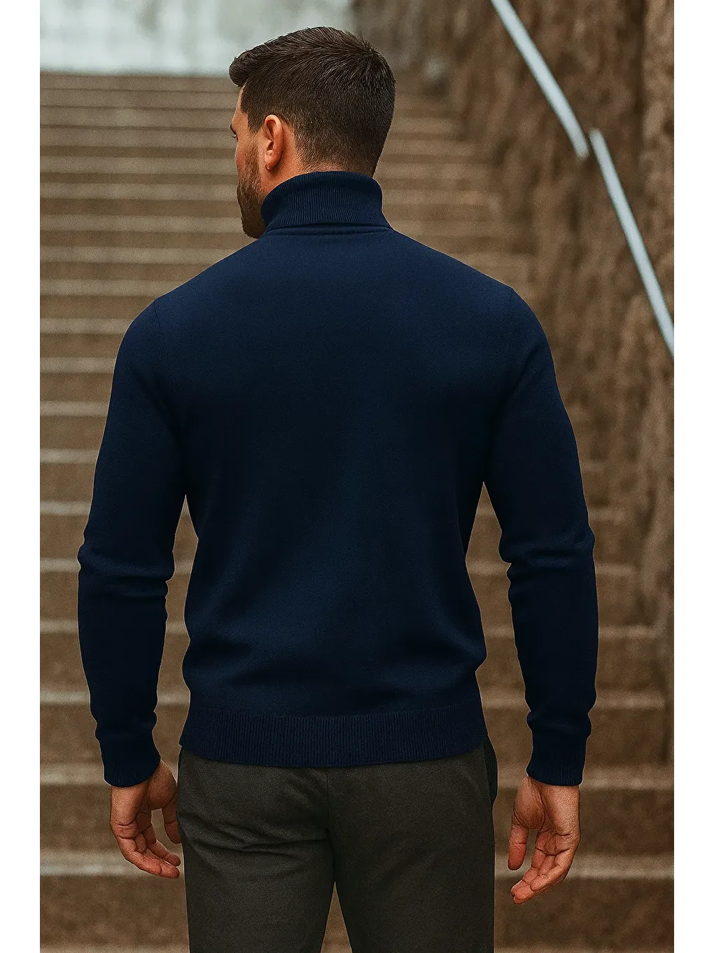 Erkek Kışlık Basic Uzun Boğazlı Lacivert Kazak-4