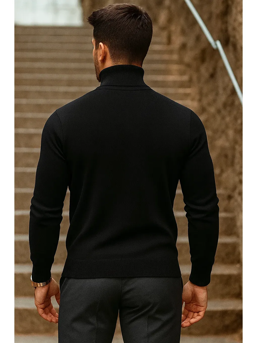 Erkek Kışlık Basic Uzun Boğazlı Siyah Kazak-5
