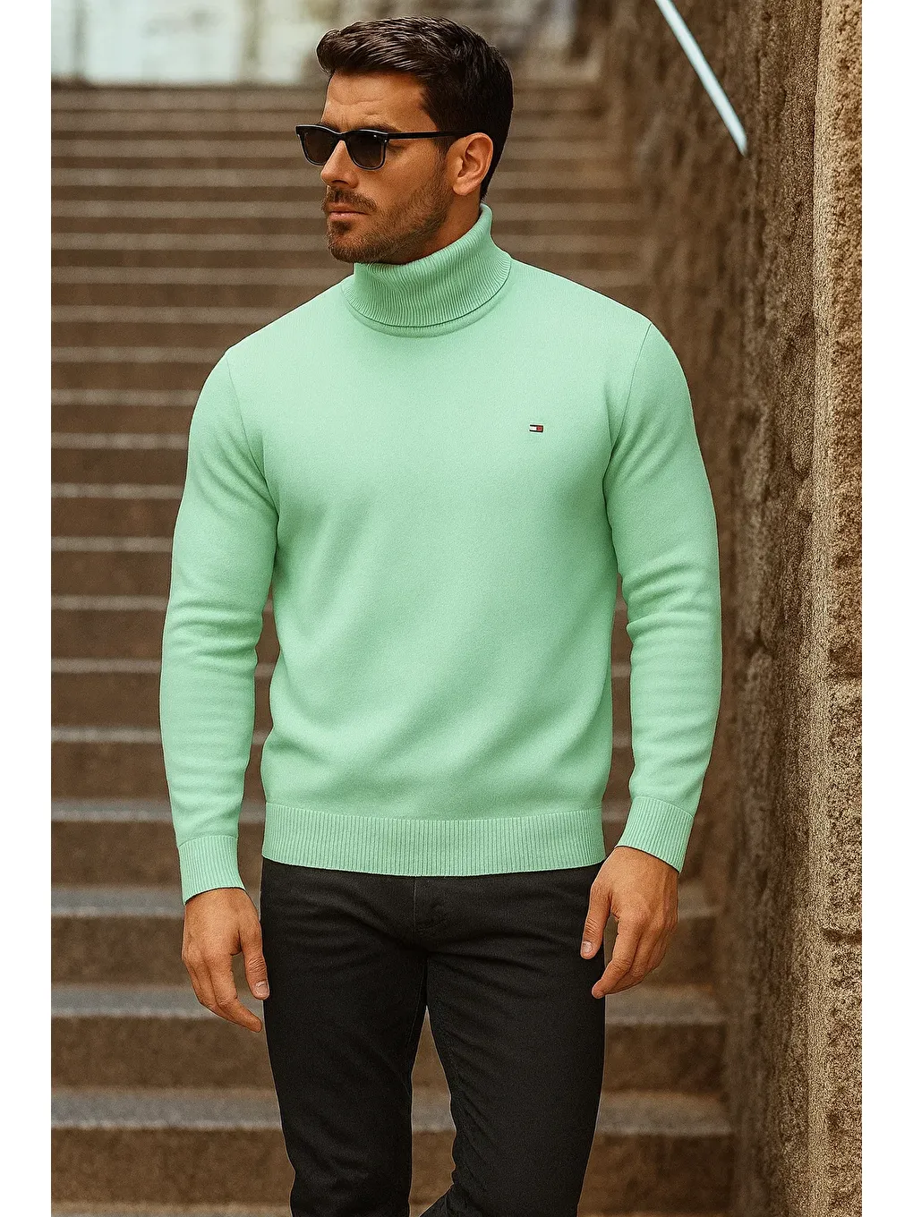 Yeşil Erkek Kışlık Basic Uzun Boğazlı Mint Kazak-2