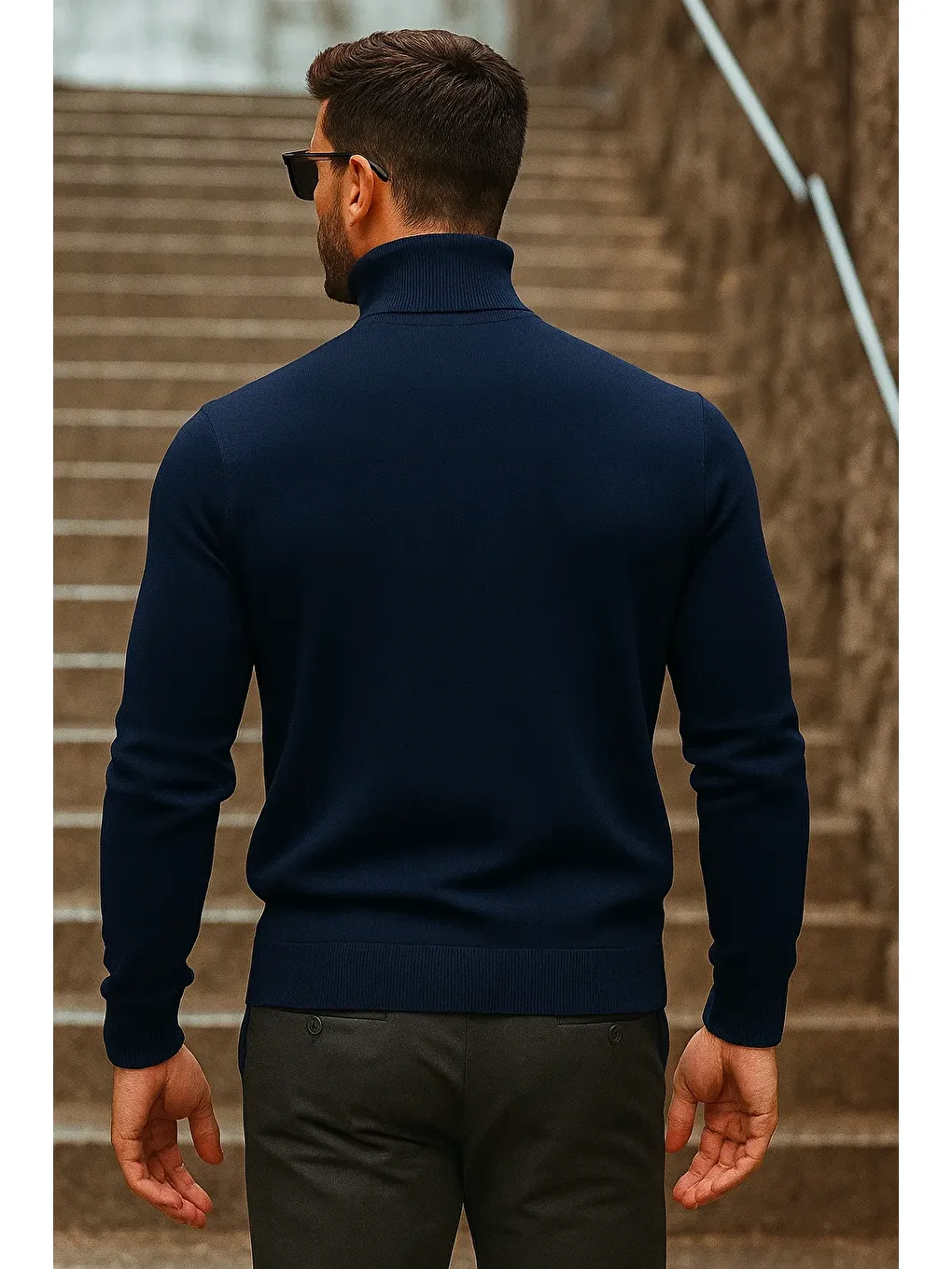 Erkek Kışlık Basic Uzun Boğazlı Lacivert Kazak-5