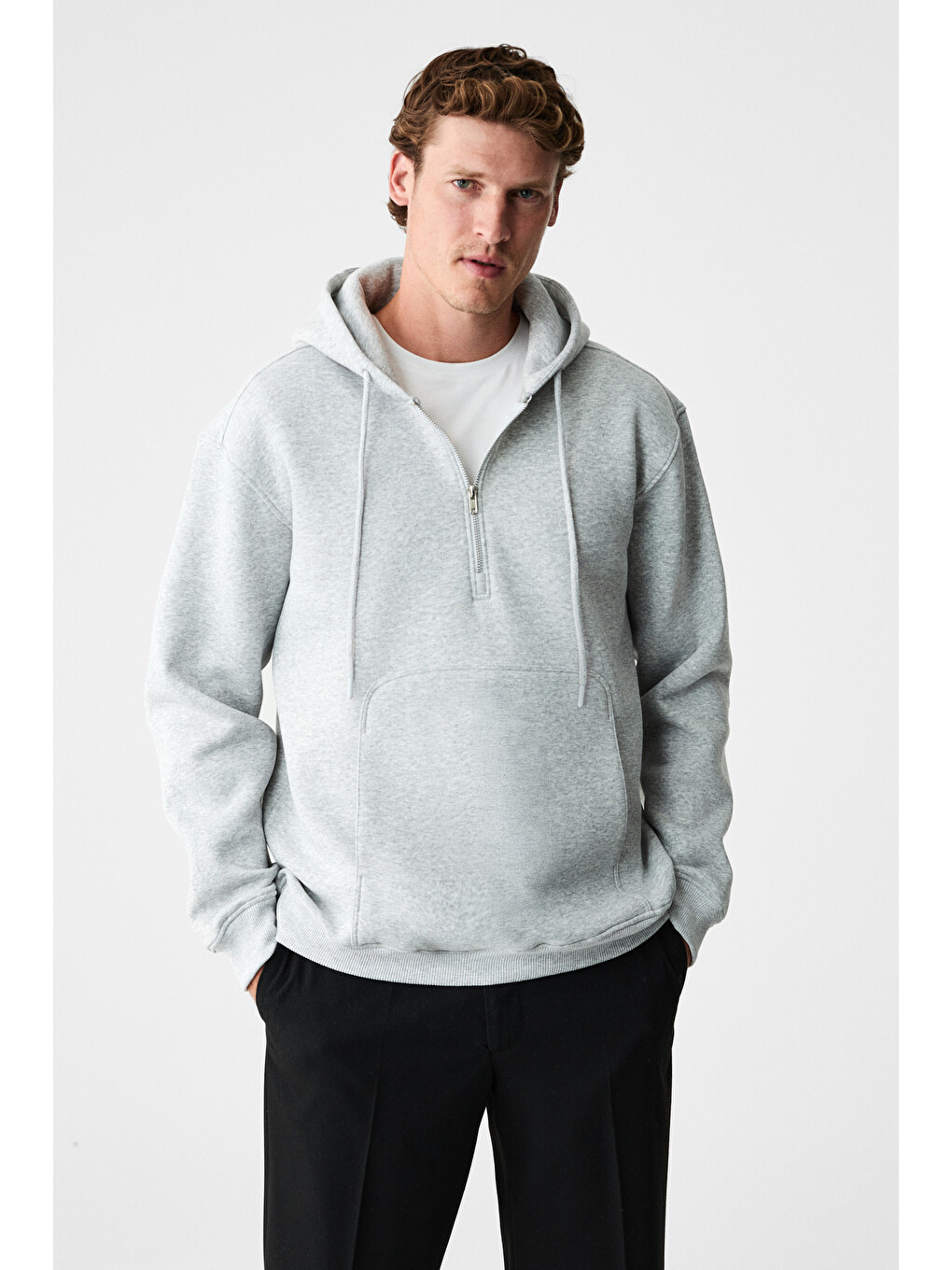 Justus Erkek Kapüşonlu Kanguru Cepli Fermuar Yakalı Gri Melanj Sweatshirt-2