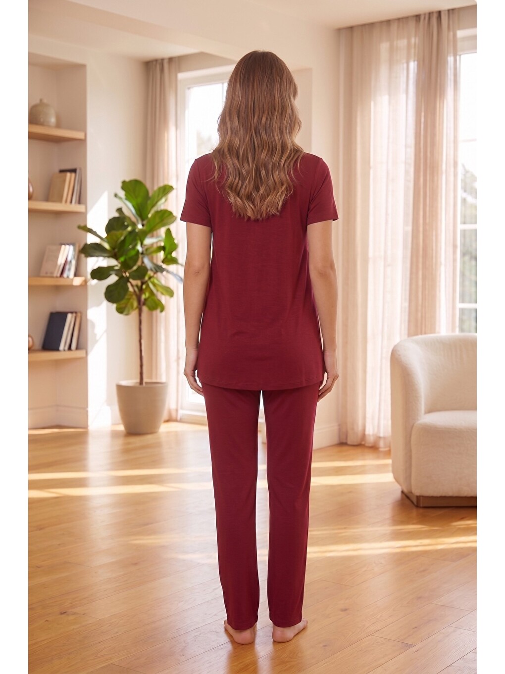 Bordo Daisy Çiçek Baskılı Düğme Detaylı Dantelli Sabahlıklı 3'lü Hamile Ve Lohusa Pijama Takımı-4