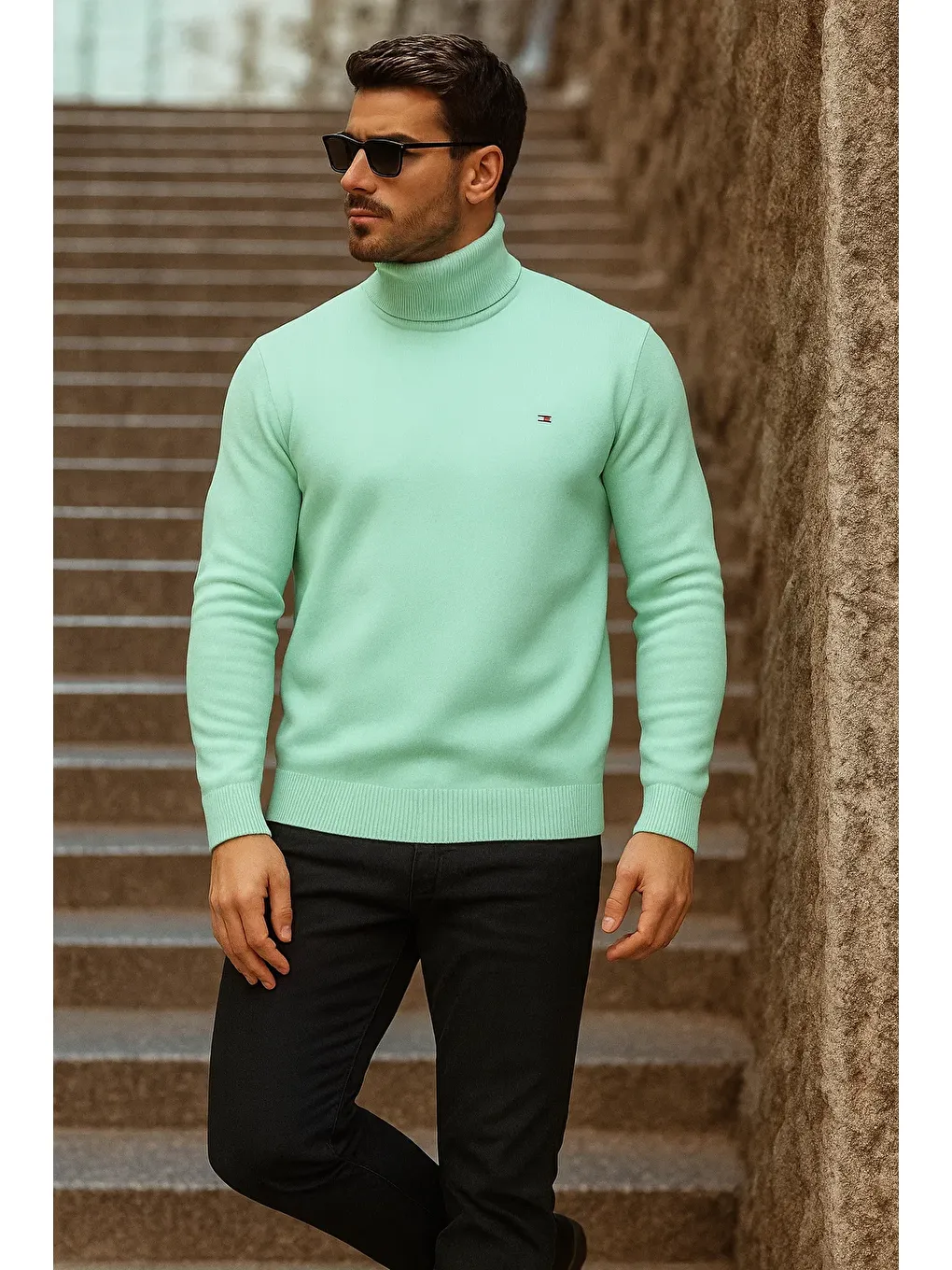 Yeşil Erkek Kışlık Basic Uzun Boğazlı Mint Kazak-3