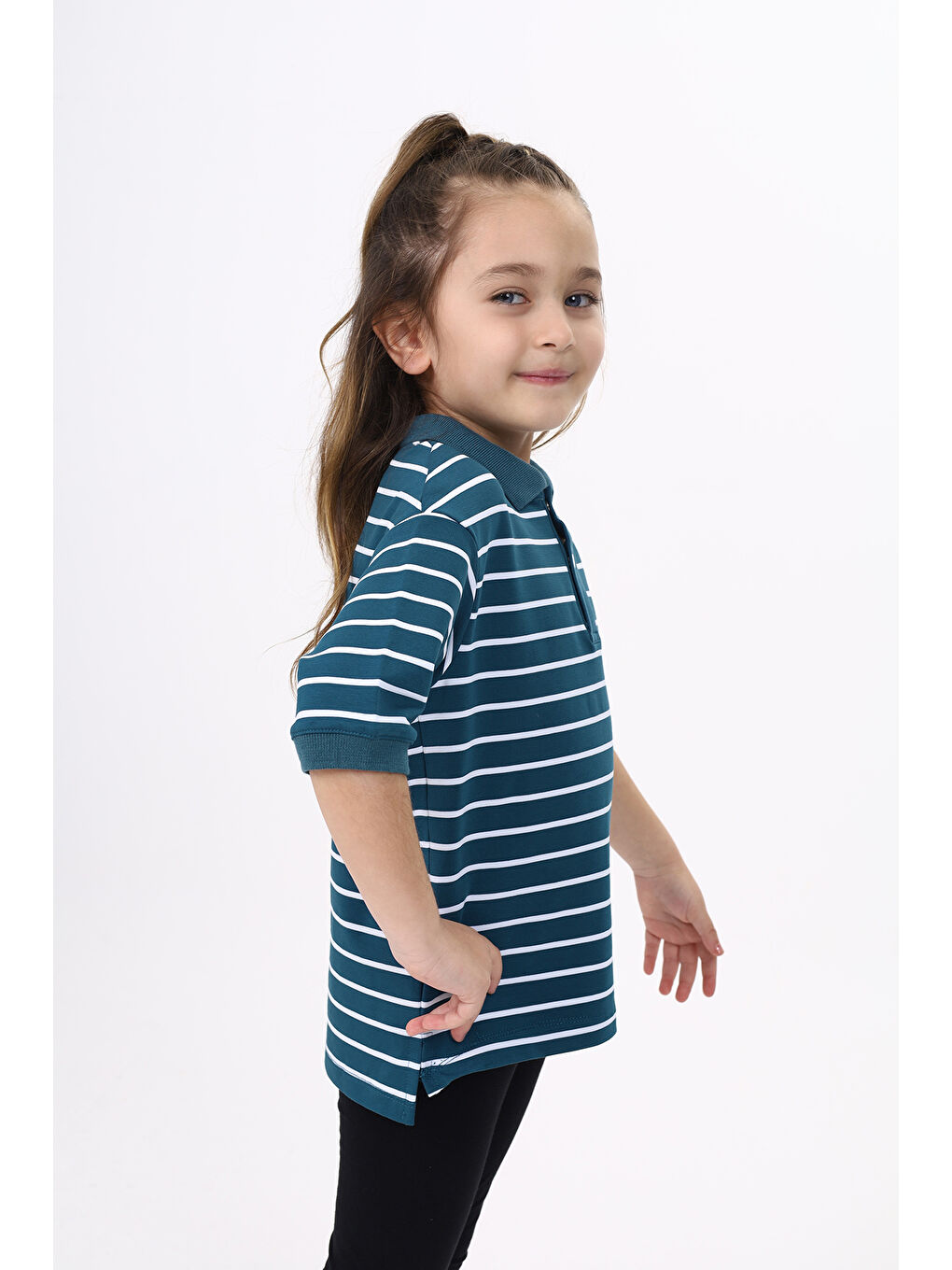 Petrol Unisex Çocuk Çizgili Tişört-2