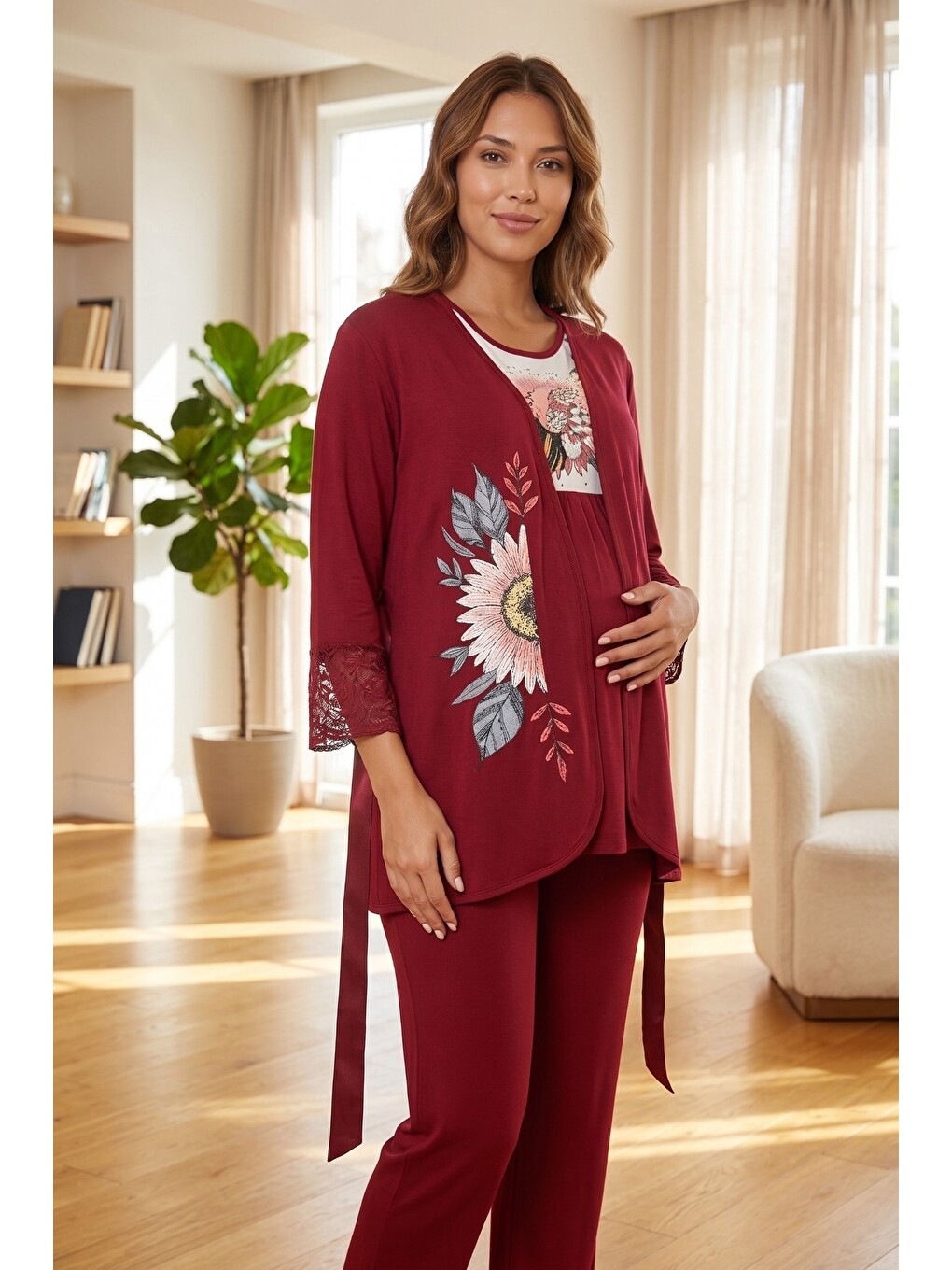 Bordo Daisy Çiçek Baskılı Düğme Detaylı Dantelli Sabahlıklı 3'lü Hamile Ve Lohusa Pijama Takımı-6