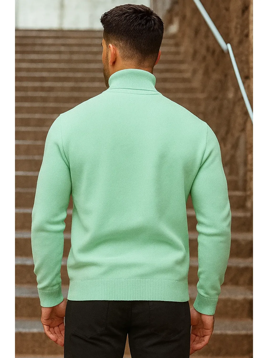 Yeşil Erkek Kışlık Basic Uzun Boğazlı Mint Kazak-4