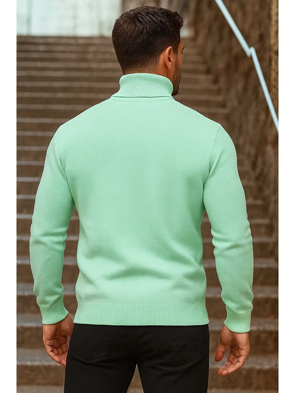 Yeşil Erkek Kışlık Basic Uzun Boğazlı Mint Kazak-5