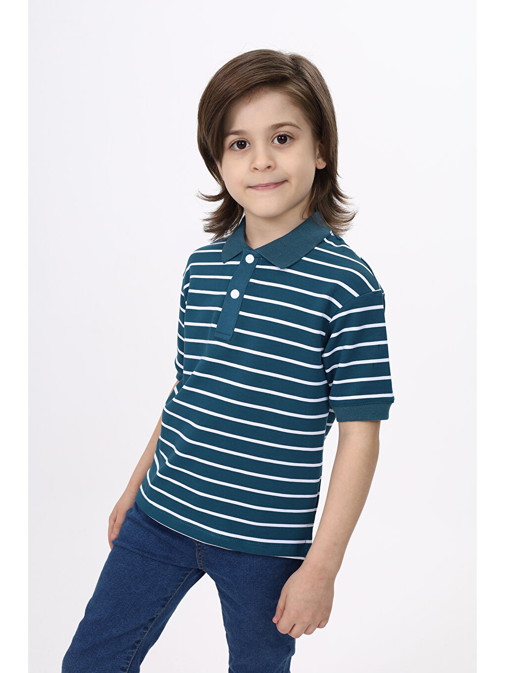 Petrol Unisex Çocuk Çizgili Tişört-8