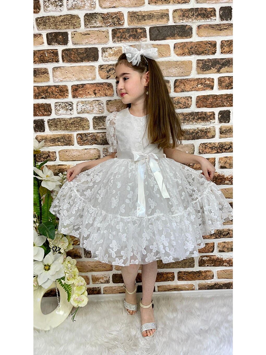 Beyaz Papatya Dantel Kız Çocuk Elbise Mnk0332-1