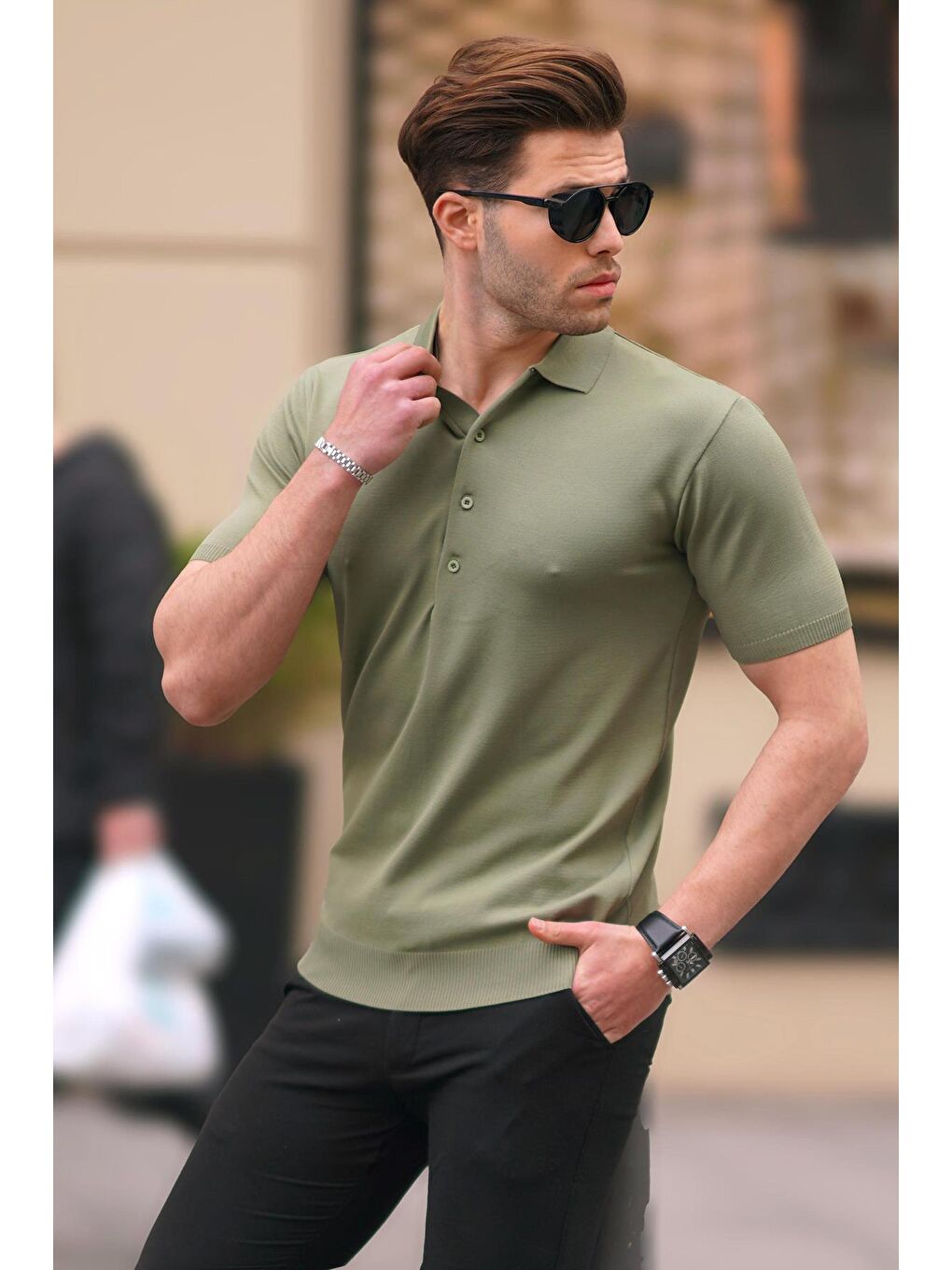 Açık Haki Erkek Polo Yaka Düz Tişört 6878-1