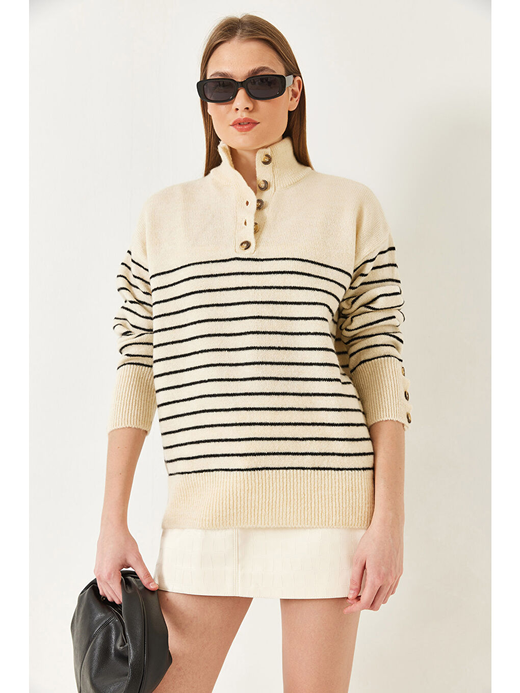 Lila Kadın Kolu Düğmeli Patlı Triko Kazak-1