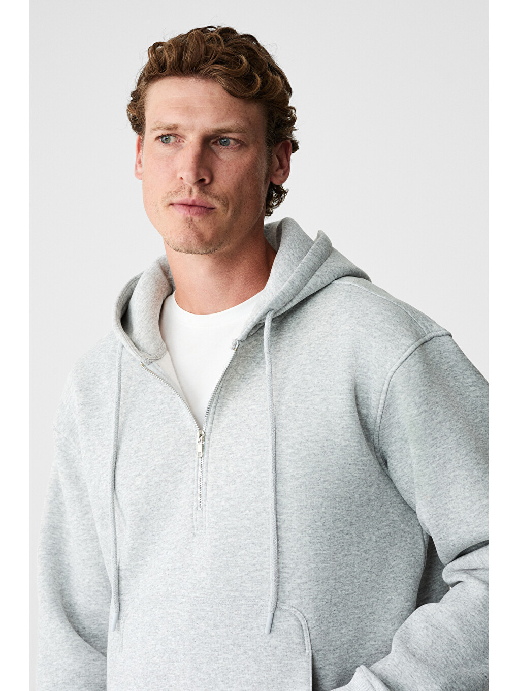 Justus Erkek Kapüşonlu Kanguru Cepli Fermuar Yakalı Gri Melanj Sweatshirt-3