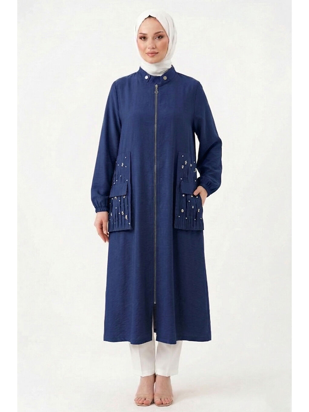 Yakası Çıt Çıt Detaylı ve Kraşlı Sfari Kap Ceket 817 Lacivert-1