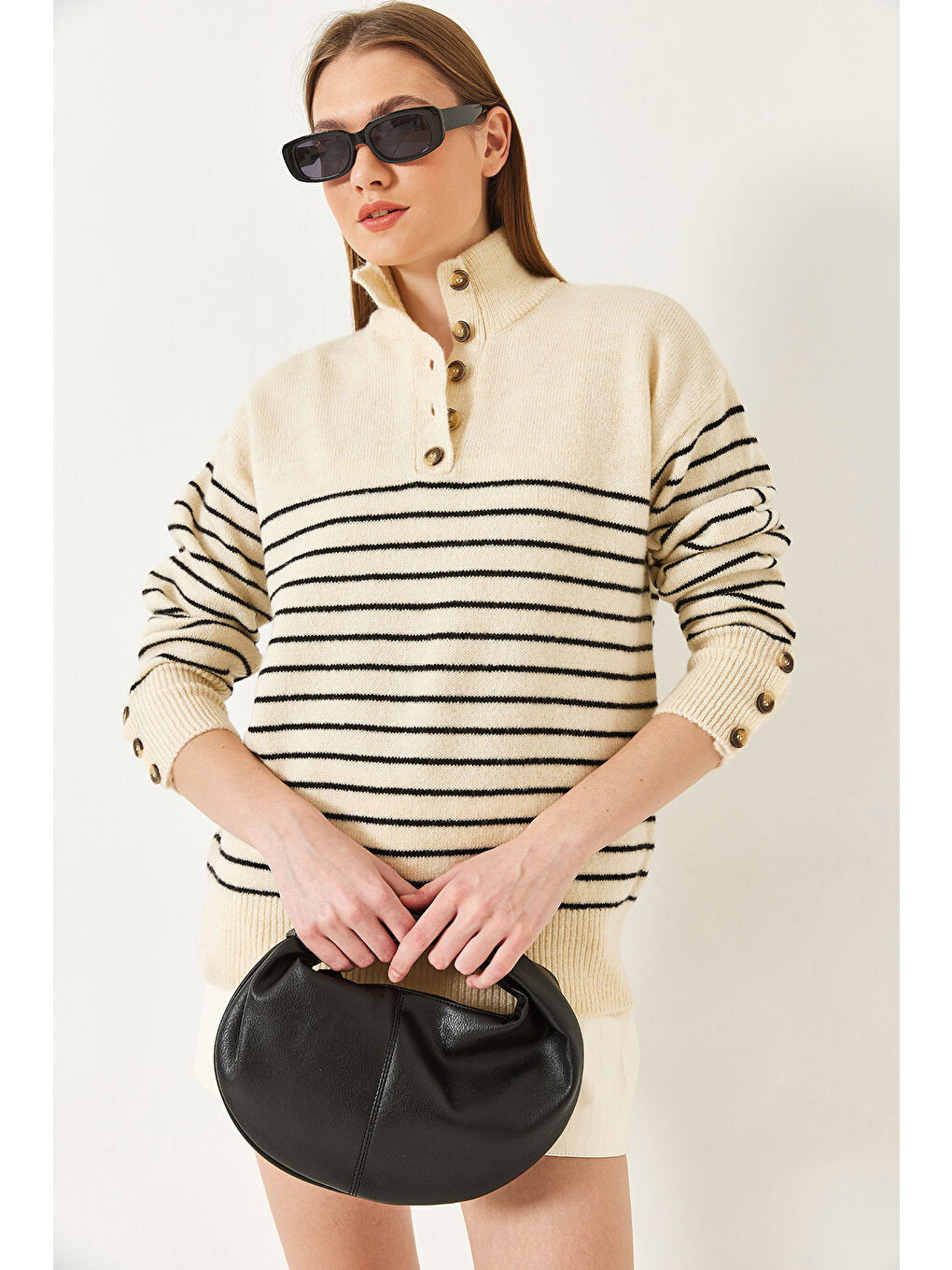 Lila Kadın Kolu Düğmeli Patlı Triko Kazak-2