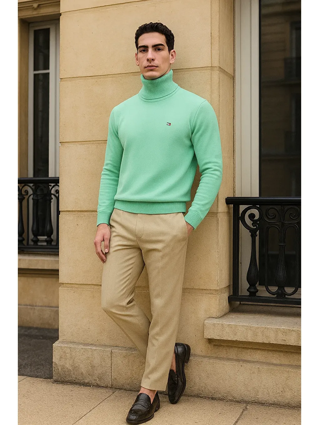 Yeşil Erkek Uzun Premium Comfort Mint Kazak-2