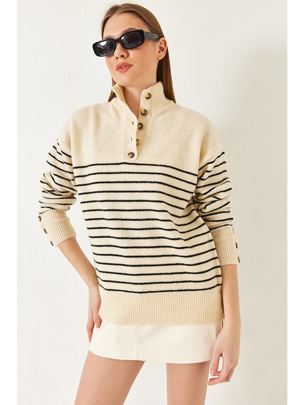 Lila Kadın Kolu Düğmeli Patlı Triko Kazak-3