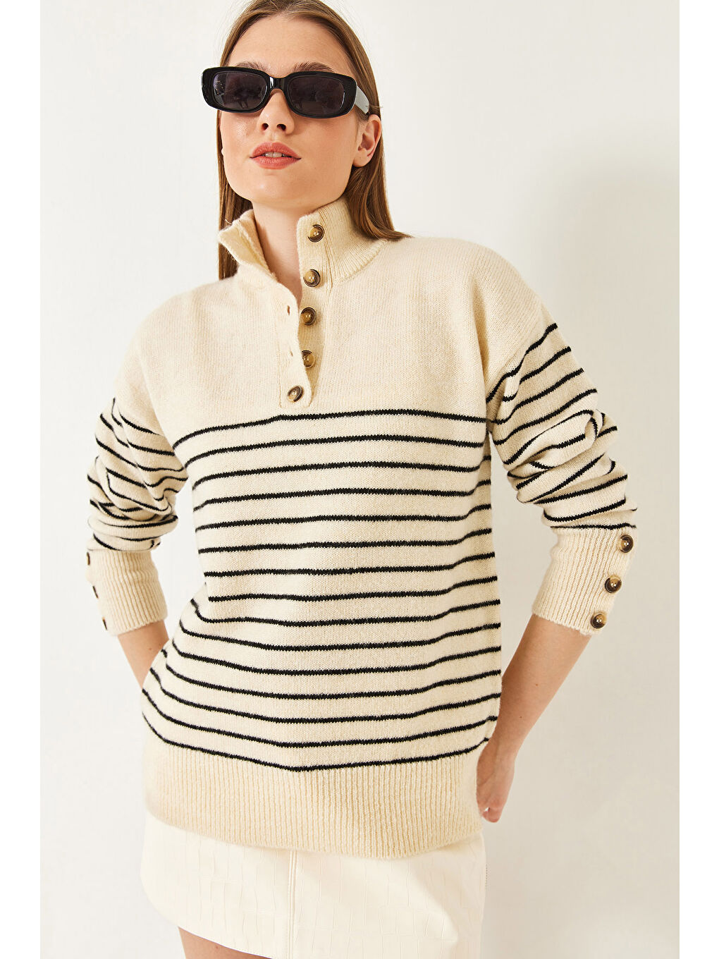 Lila Kadın Kolu Düğmeli Patlı Triko Kazak-4