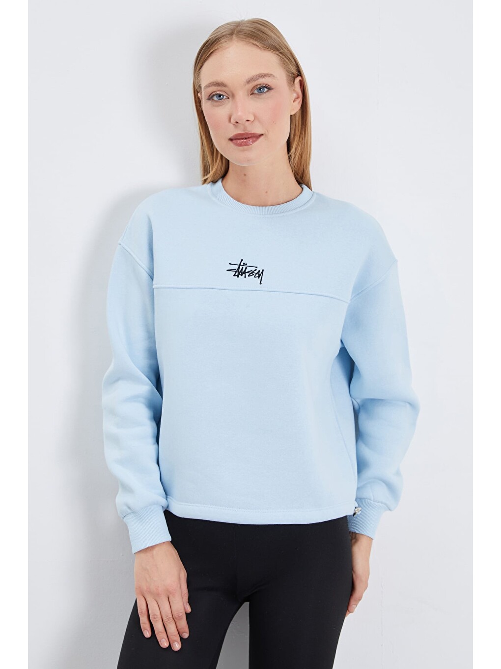 Mavi 3 İplik İmza Nakışlı Stoperli Oversize Sweatshirt
