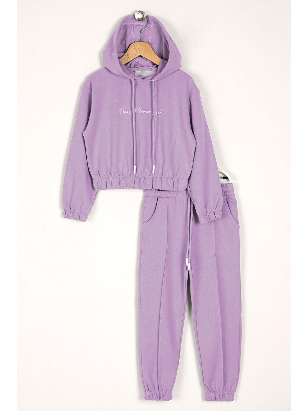 Lila Kapüşonlu Daısy Flowrs Leaf Baskılı Kız Çocuk İkili Takım
