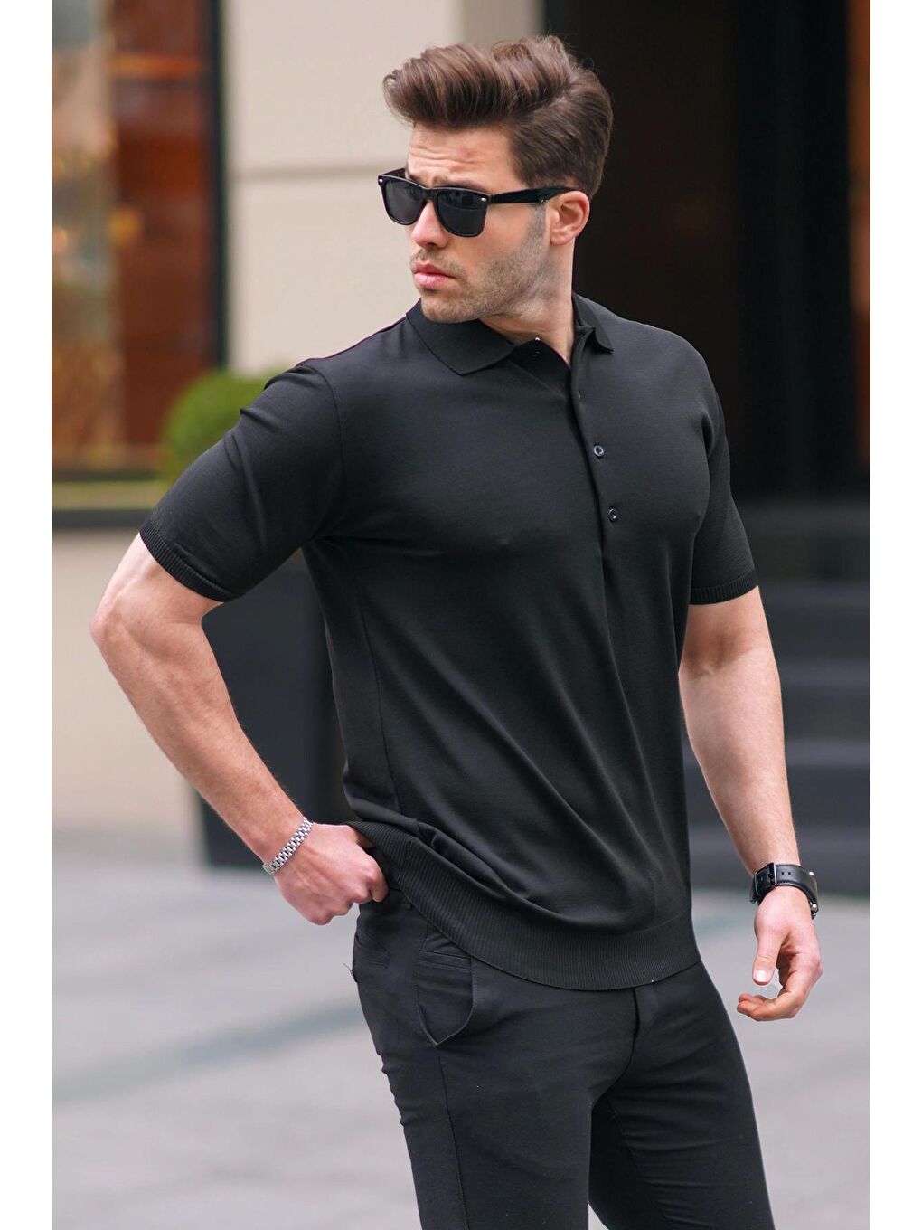 Siyah Erkek Polo Yaka Düz Tişört 6878-1