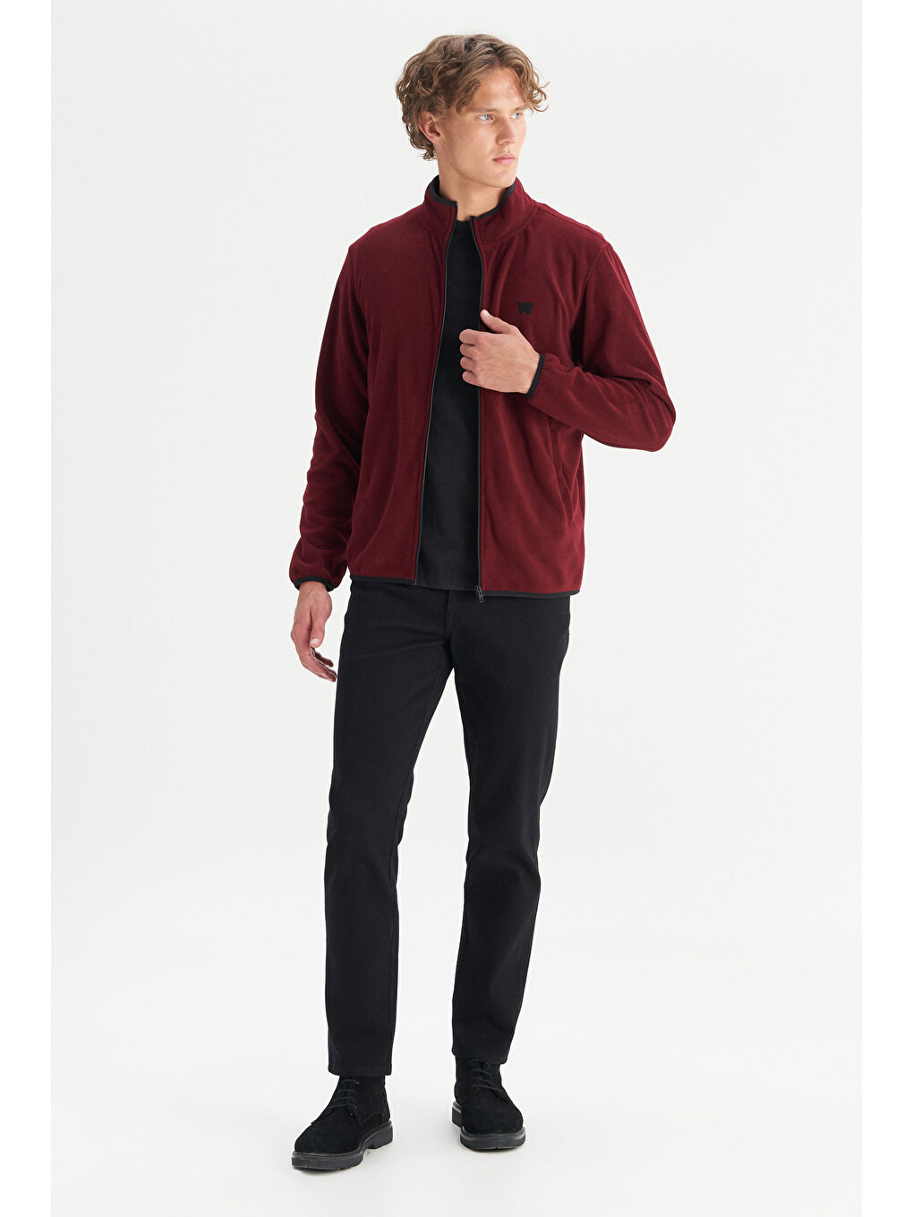 Regular Fit Normal Kesim Dik Yaka Fermuarlı Bordo Polar Ceket-1