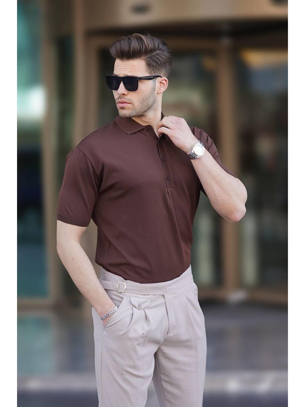 Kahverengi Erkek Polo Yaka Düz Tişört 6878