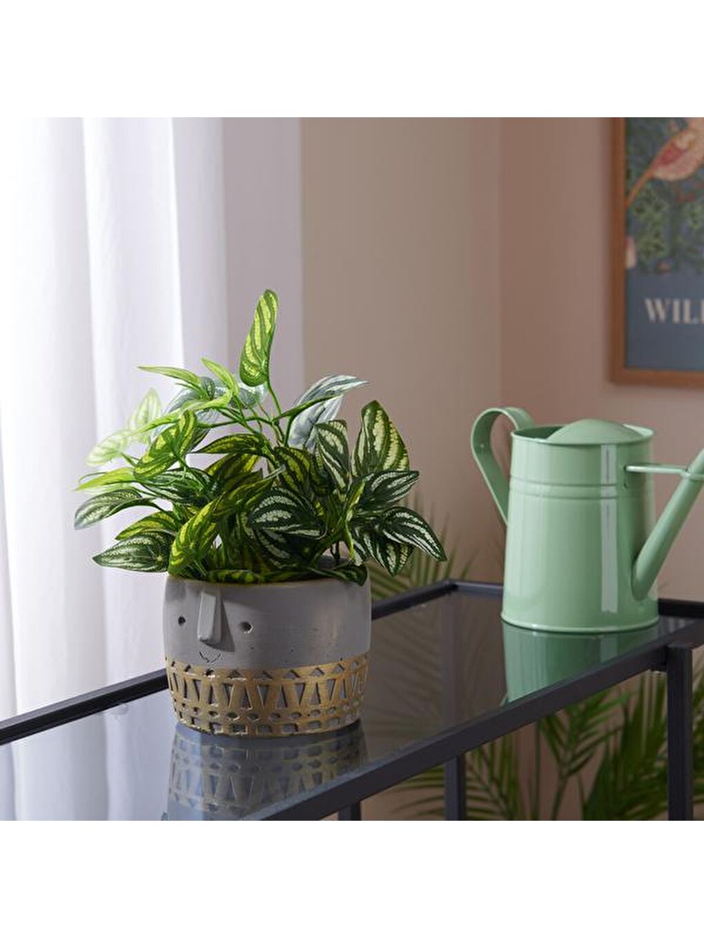 Sarı Yüz Figürlü Dekoratif Saksı - Altın - 10x10x12 cm