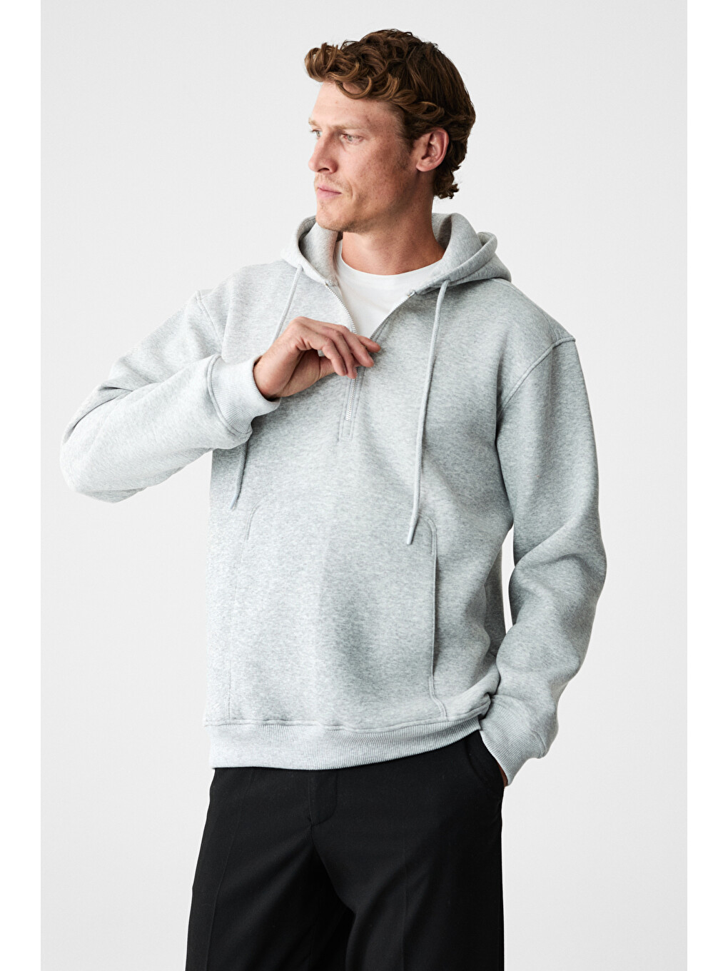 Justus Erkek Kapüşonlu Kanguru Cepli Fermuar Yakalı Gri Melanj Sweatshirt-4